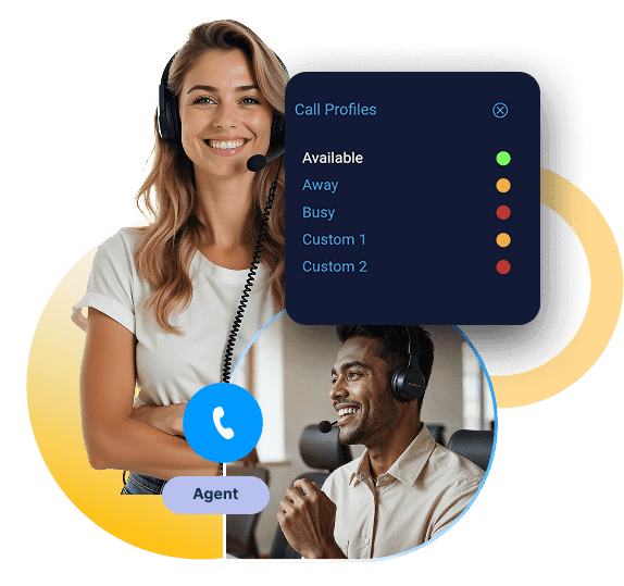 RingQ agent updating their AUX status from the web and mobile softphone — Call Profiles dropdown with availability states