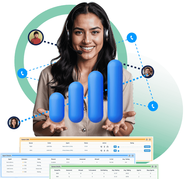 RingQ Call Center Management agent with live queue, agent, and call statistics dashboards