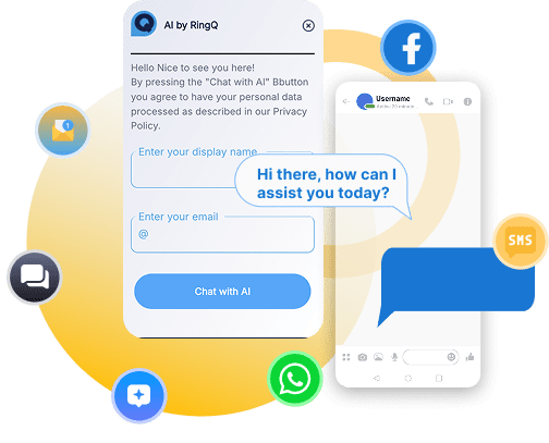 RingQ call flows routing inbound calls, chats, and SMS across WhatsApp, Facebook, and live chat