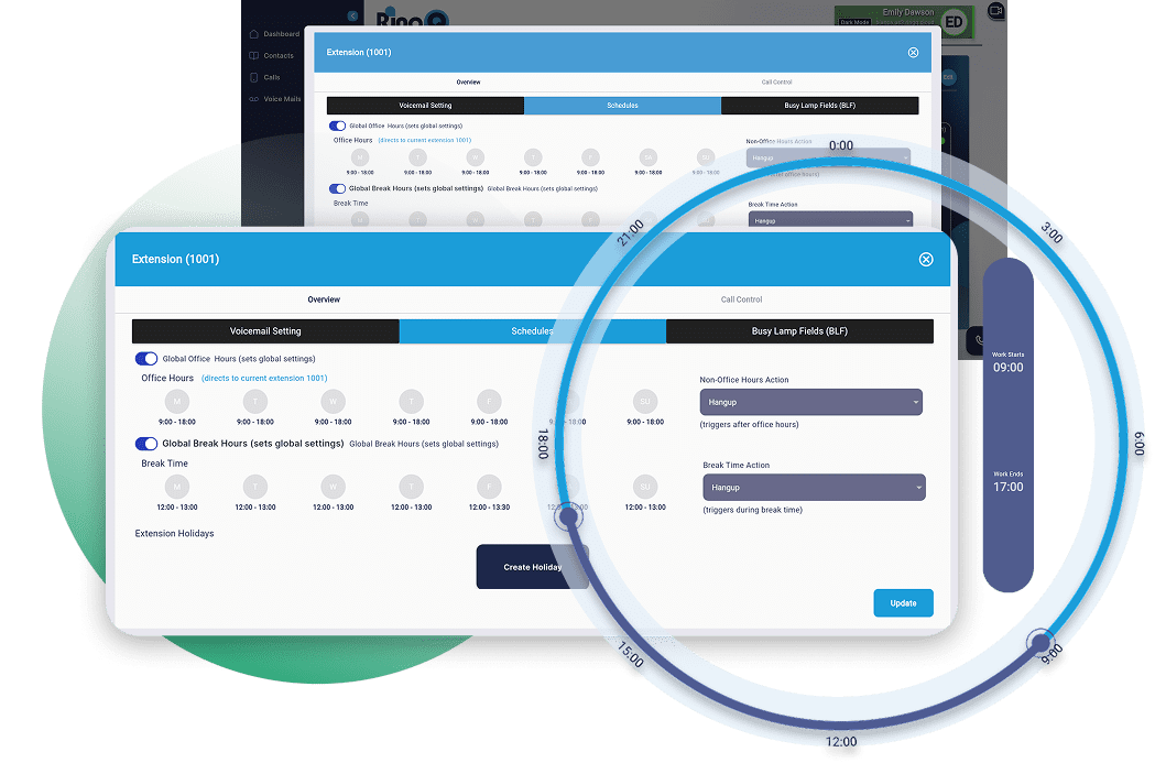 RingQ Smart Office Hours management with one-click toggle for in-office and out-of-office routing