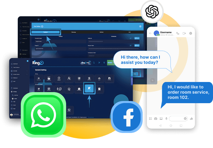 RingQ Hotel PBX WhatsApp, Facebook, and live chat integrations for guest engagement