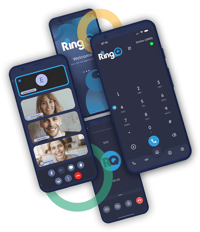 RingQ native iOS and Android VoIP apps shown on stacked smartphones