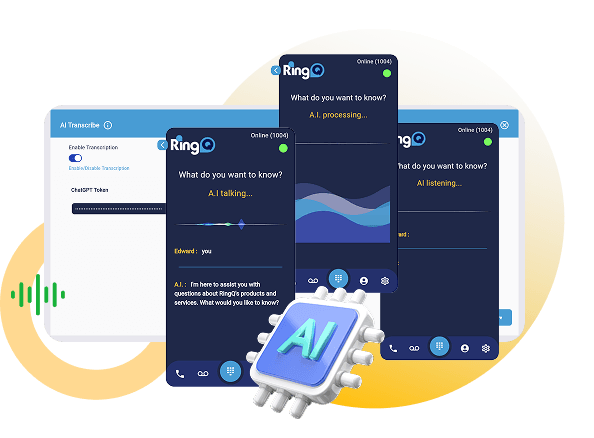 RingQ AI assistance — chatbot with voice waveforms and mobile interface illustrating continuous learning
