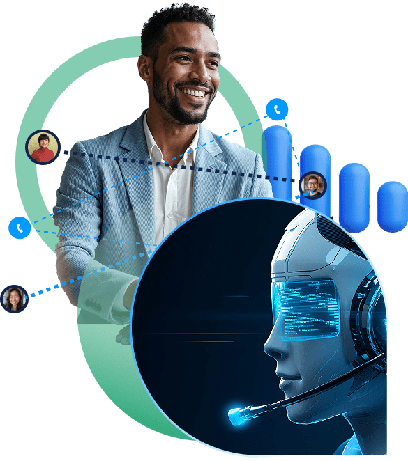 RingQ AI-powered call center with smiling agent and AI head illustration showing intelligent call routing