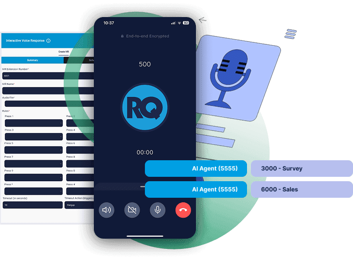 RingQ AI IVR setup showing AI Agent extensions routing calls to Survey and Sales queues on mobile softphone