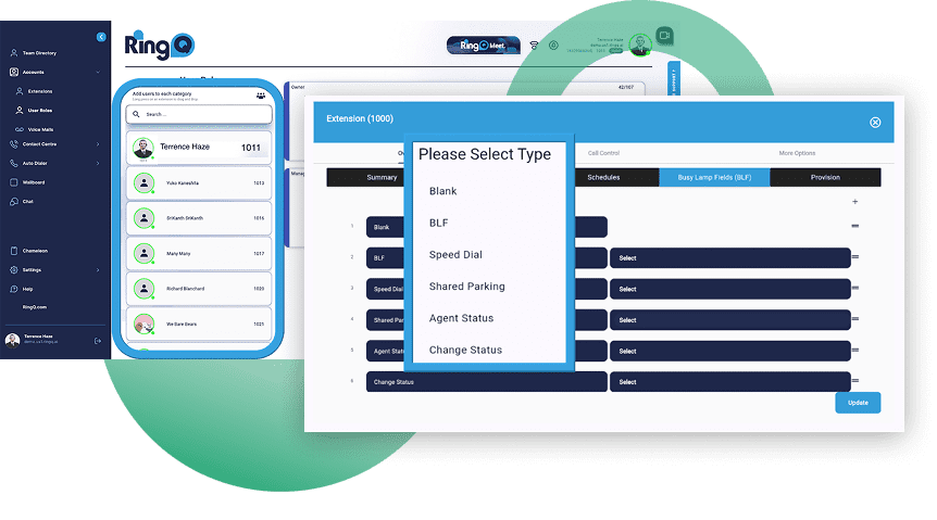 RingQ BLF key assignment interface with options for BLF, Speed Dial, Shared Parking, Agent Status, and Change Status
