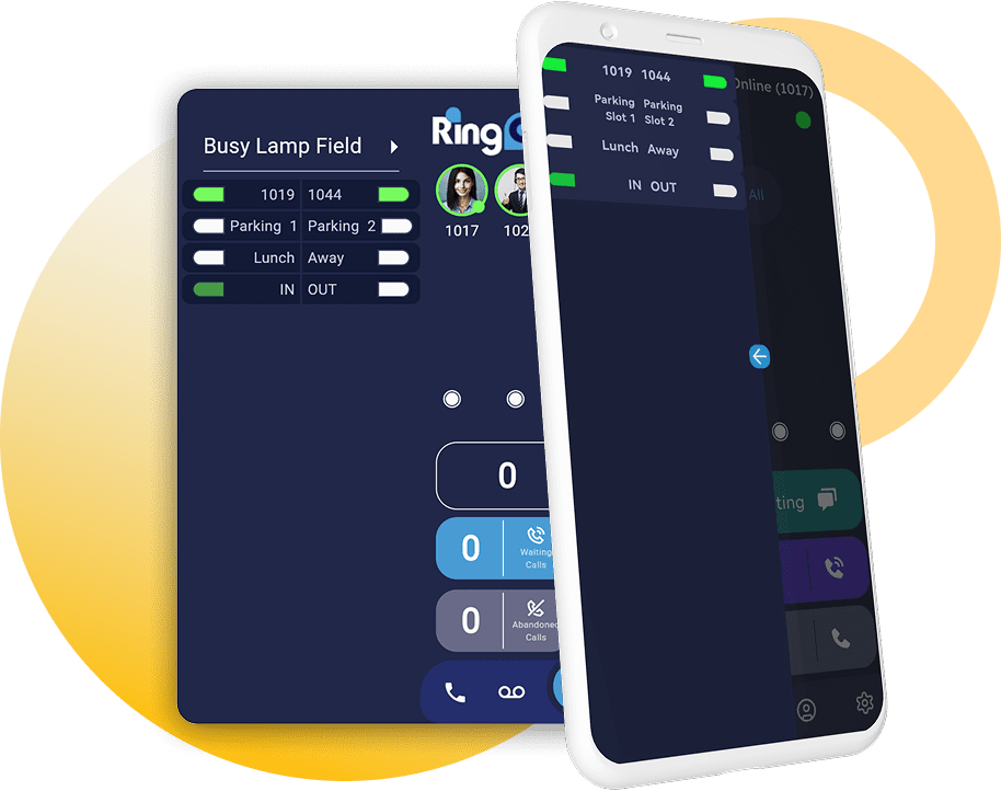 RingQ Busy Lamp Field panel on desktop and mobile showing extension availability with green and red status indicators