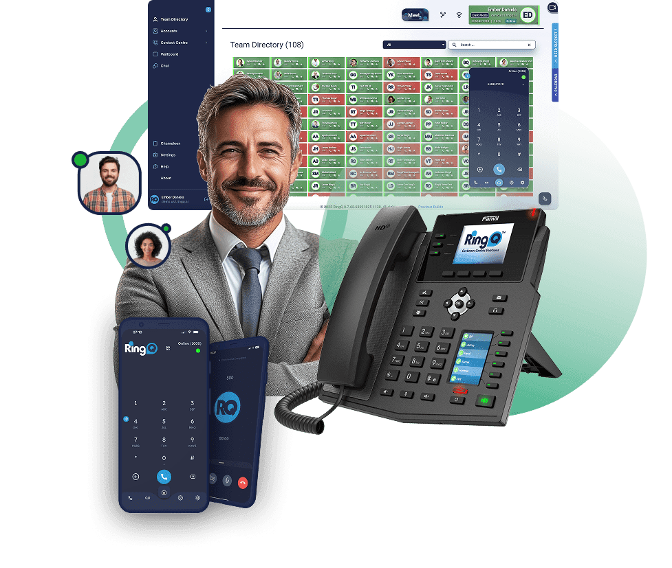 RingQ call center manager with desk phone, BLF grid, and mobile app managing the contact center