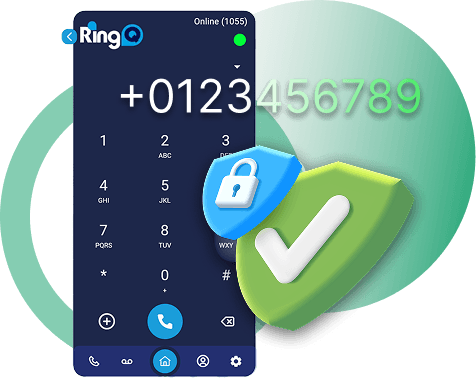 RingQ dialer security — phone with shield and padlock icon blocking unauthorized calls