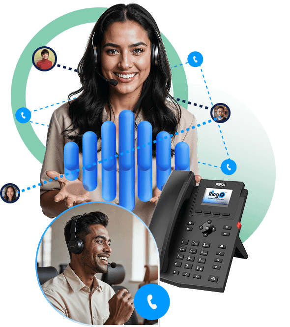 RingQ IVR and digital receptionist — customer service agent with call management interface and animated call indicators