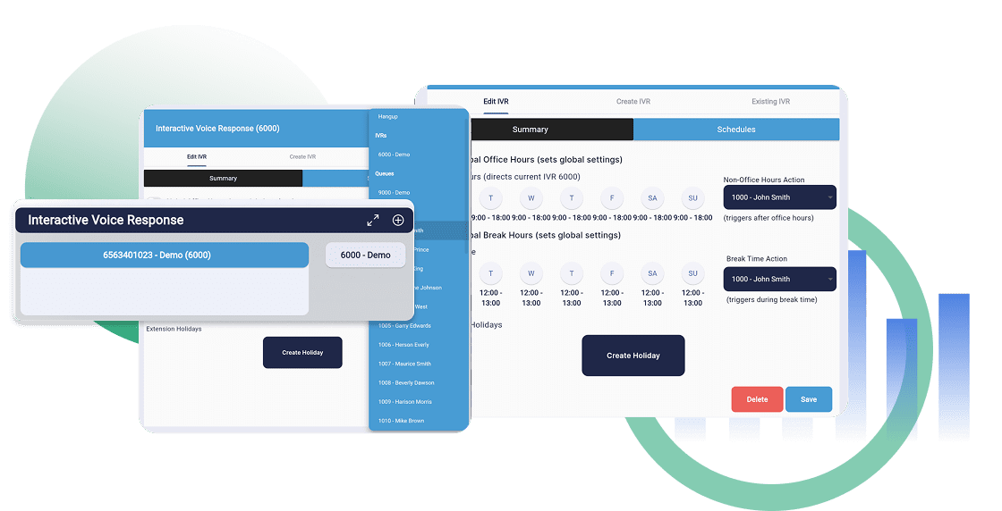 RingQ IVR schedule configuration showing global office hours applied to Interactive Voice Response queues and extensions