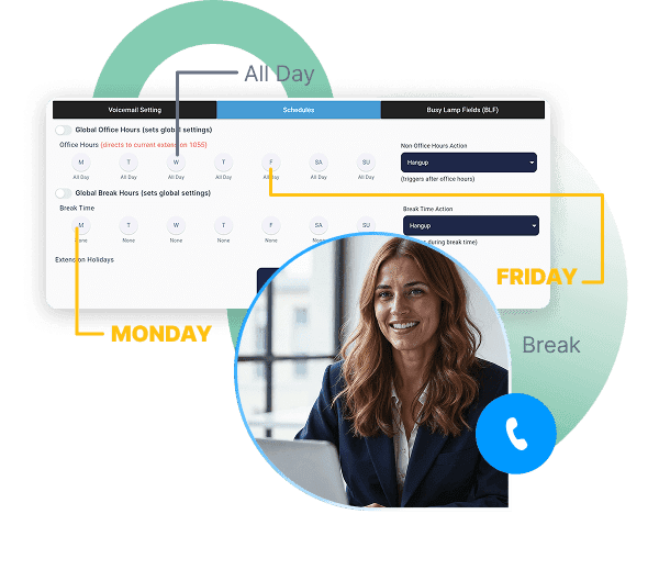 RingQ Global Office Hours — Schedules panel with office hours, break times and a woman manager