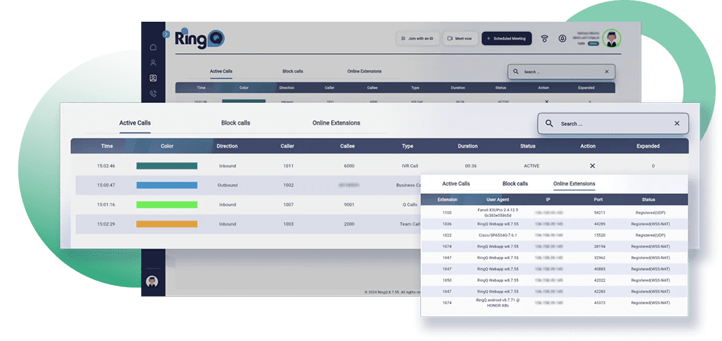 RingQ PBX troubleshooting panel showing Active Calls log, Block calls tab, and Online Extensions registration status