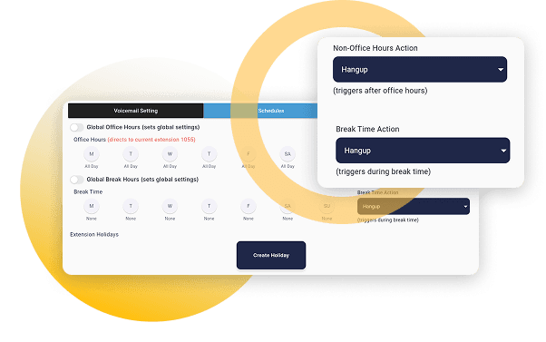 RingQ office hours setup panel showing Non-Office Hours Action and Break Time Action dropdowns