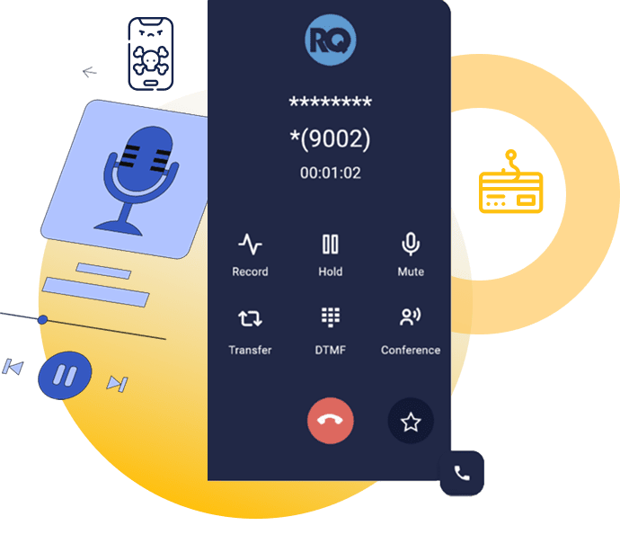 RingQ blocking a masked robocall — unknown number intercepted with softphone call controls visible