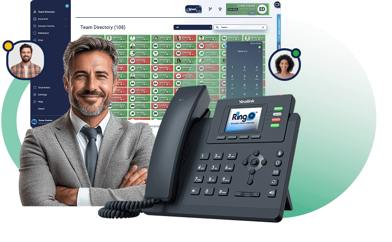 RingQ supervisor managing intelligent call control with a Yealink desk phone and team directory
