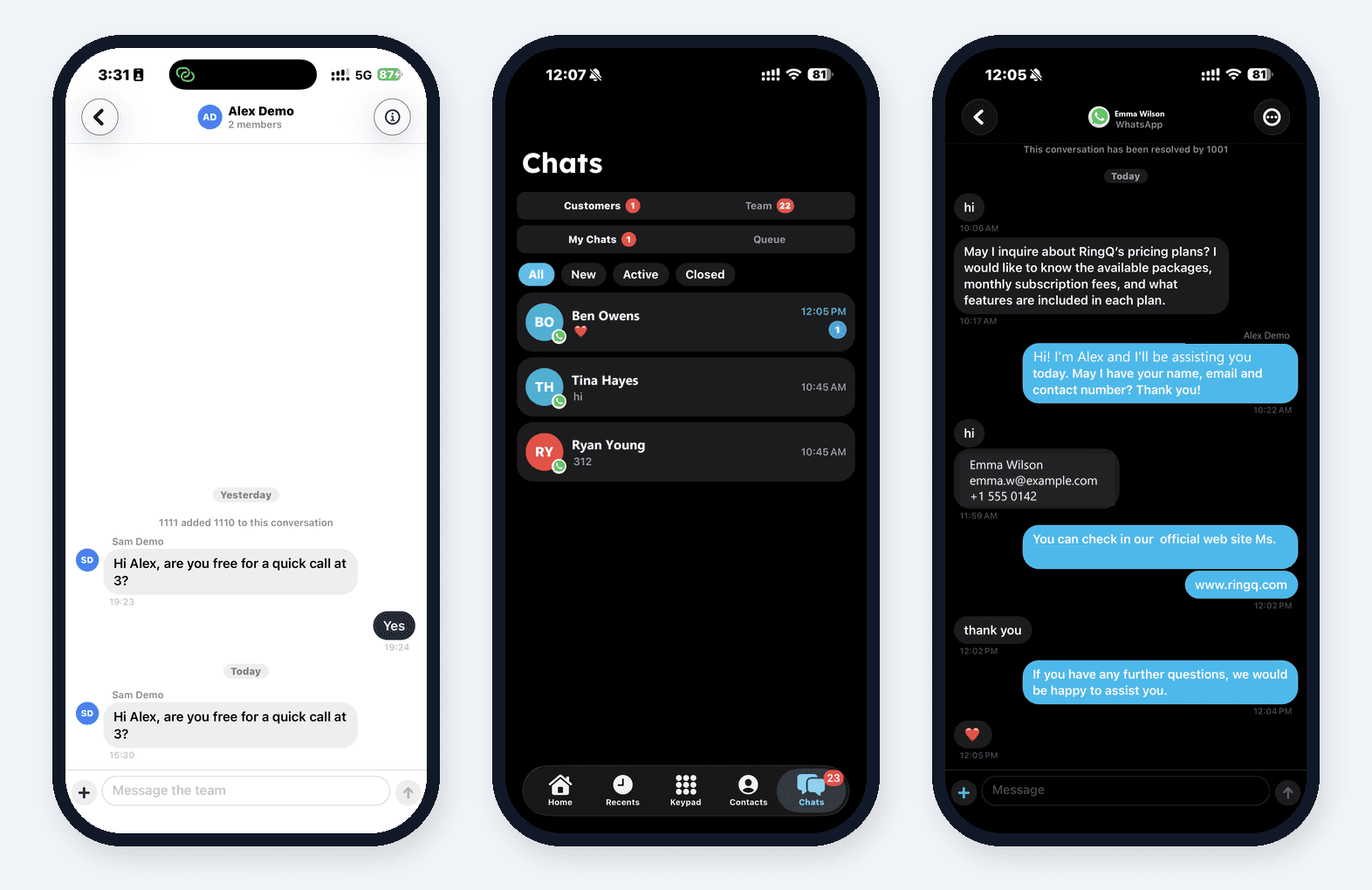 RingQ team chat, customer chat inbox and a WhatsApp conversation on iPhone