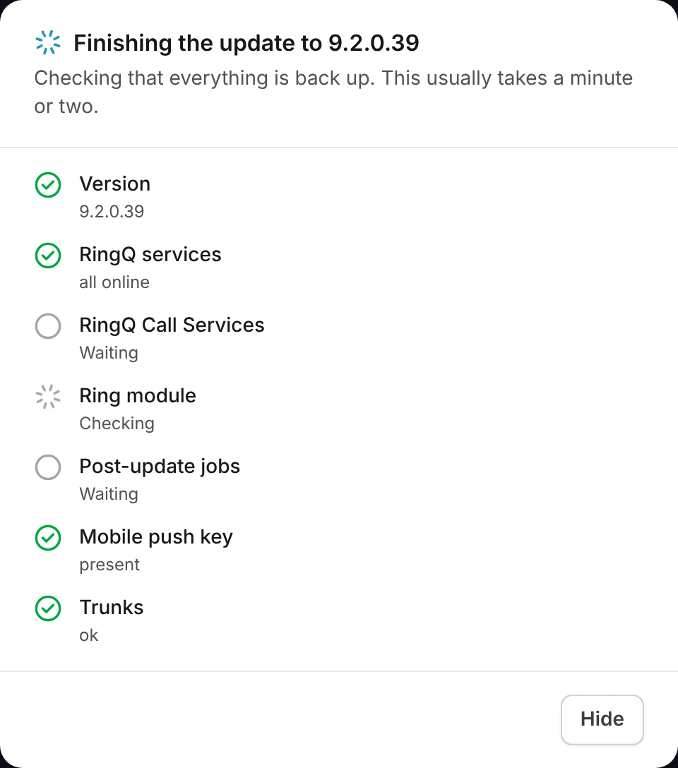 The update checklist, ticking off each part of the system as it comes back online