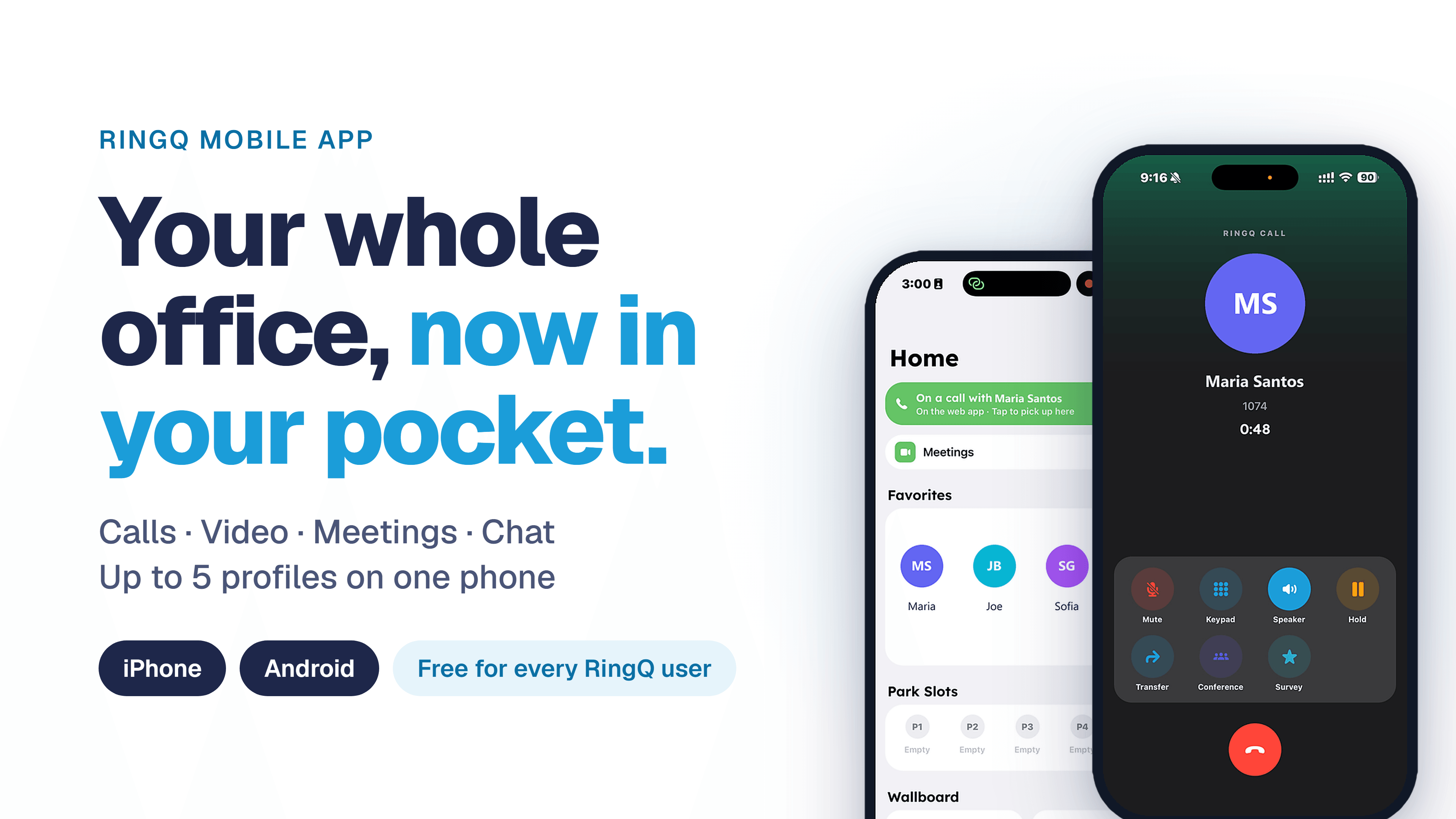 RingQ mobile app on iPhone showing the Home screen and an active call