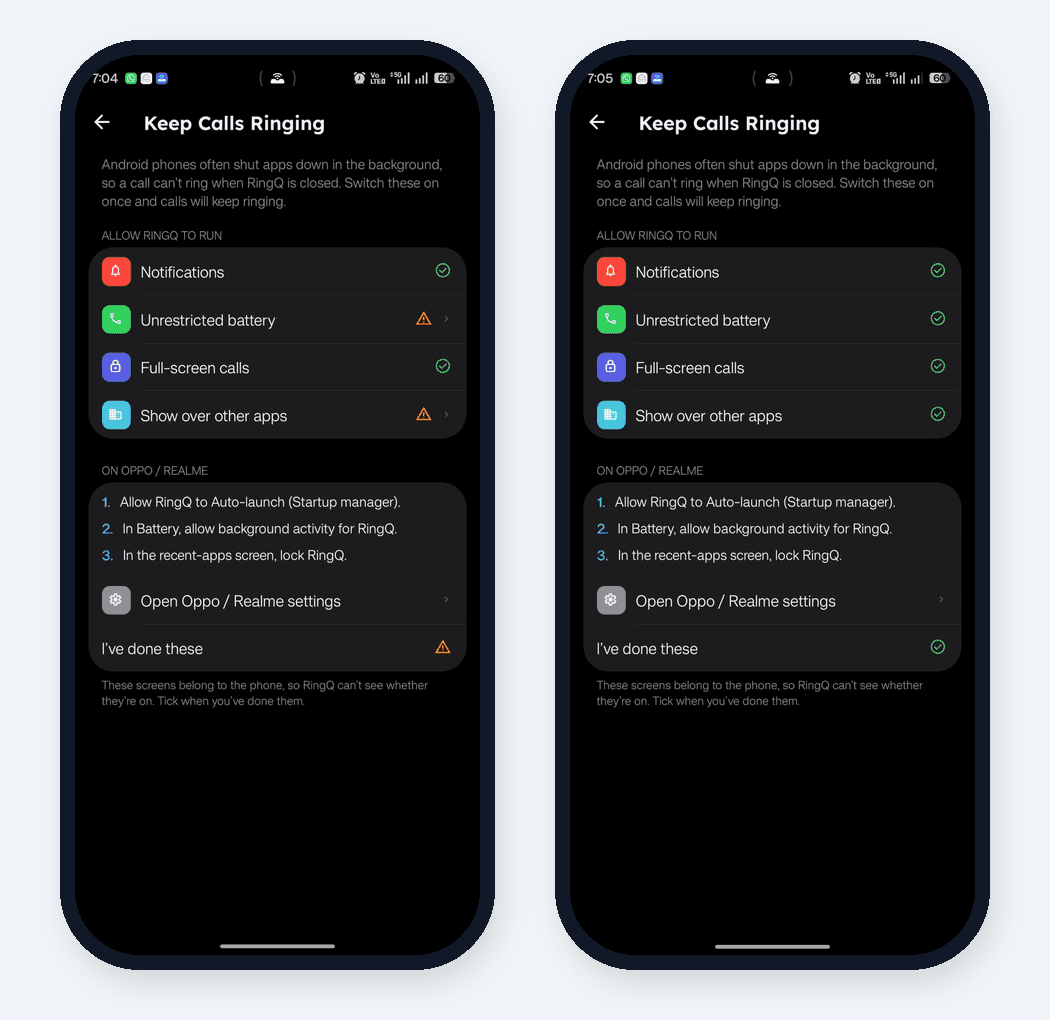 RingQ Keep Calls Ringing screen on Android before and after the four settings are enabled