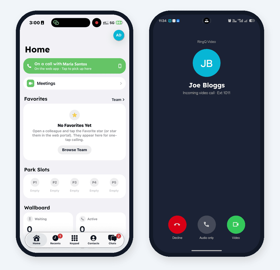 RingQ Home screen with the Pick up here bar on iPhone, and an incoming video call on Android