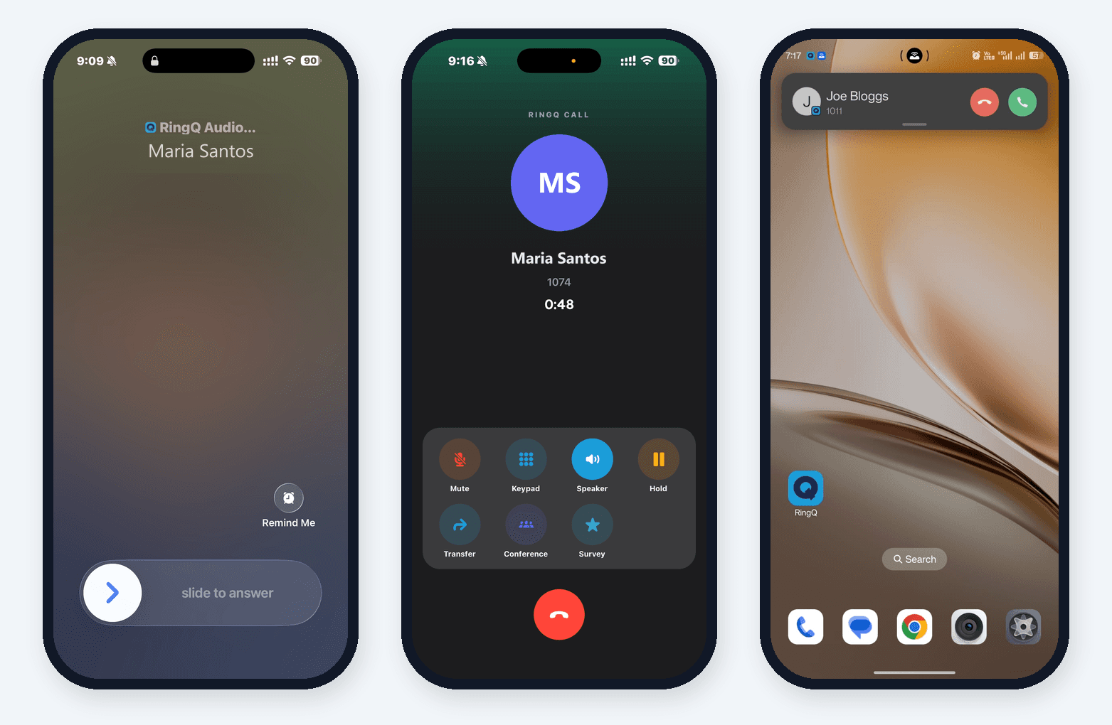 Incoming RingQ call on a locked iPhone, the in-call screen with mute, hold and transfer buttons, and an incoming call on an Android phone
