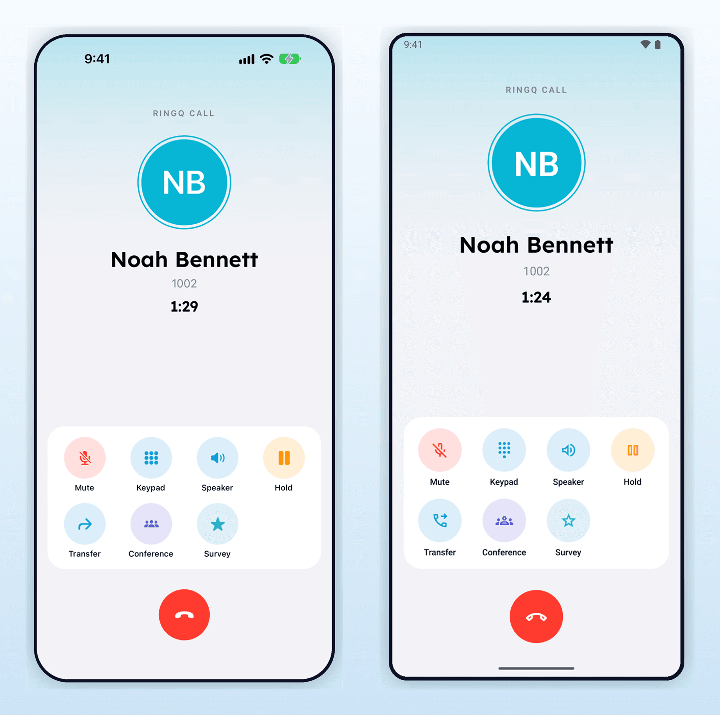 The RingQ app on iPhone (left) and Android (right): an active call with mute, keypad, speaker, hold, transfer, conference and survey
