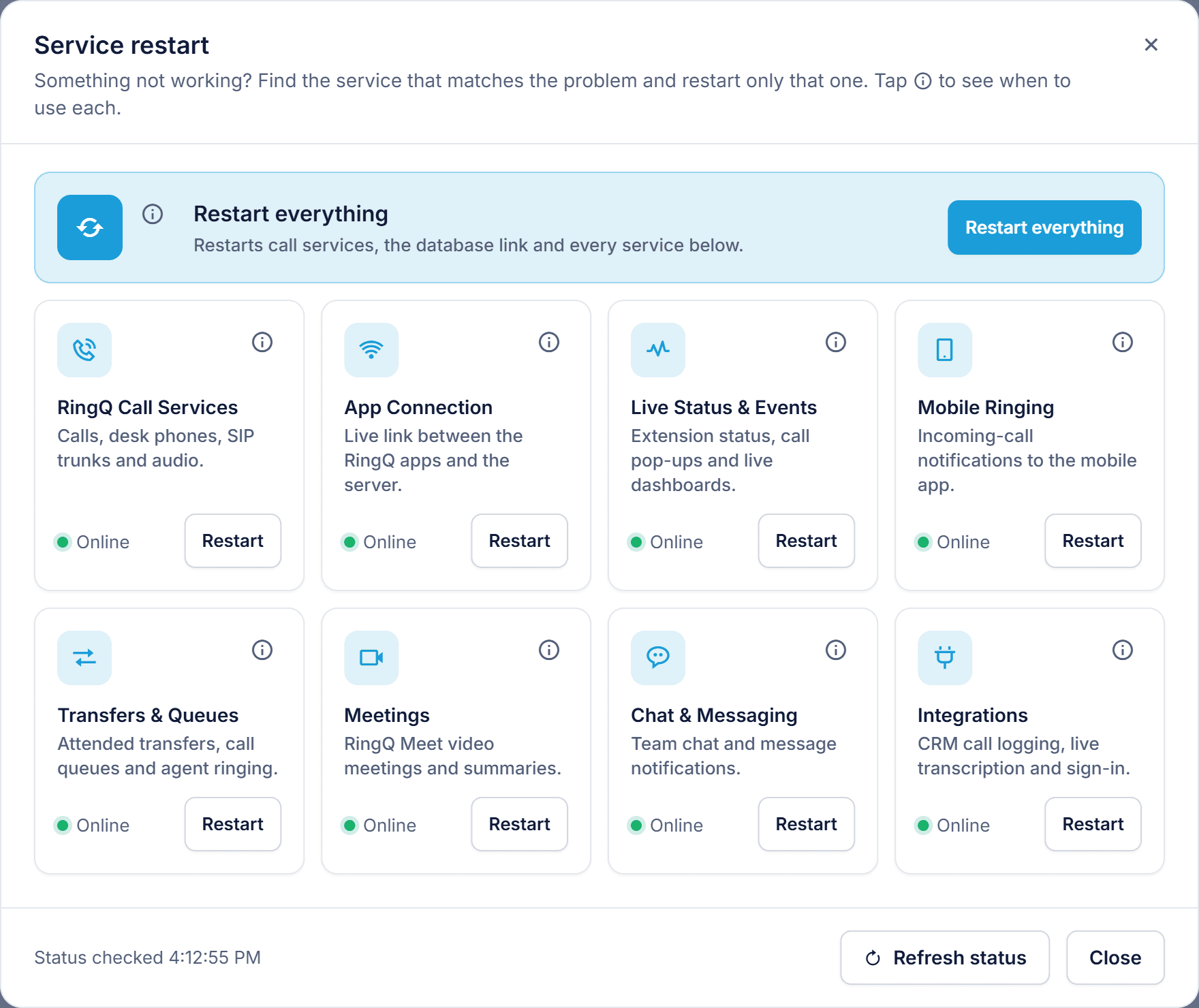 The Service restart screen: every RingQ service at a glance, each with its own status and Restart button