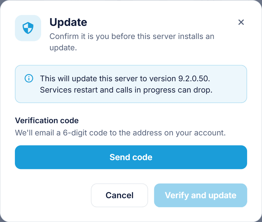 Confirming an update takes one click, and a verification code is sent only when you ask for it