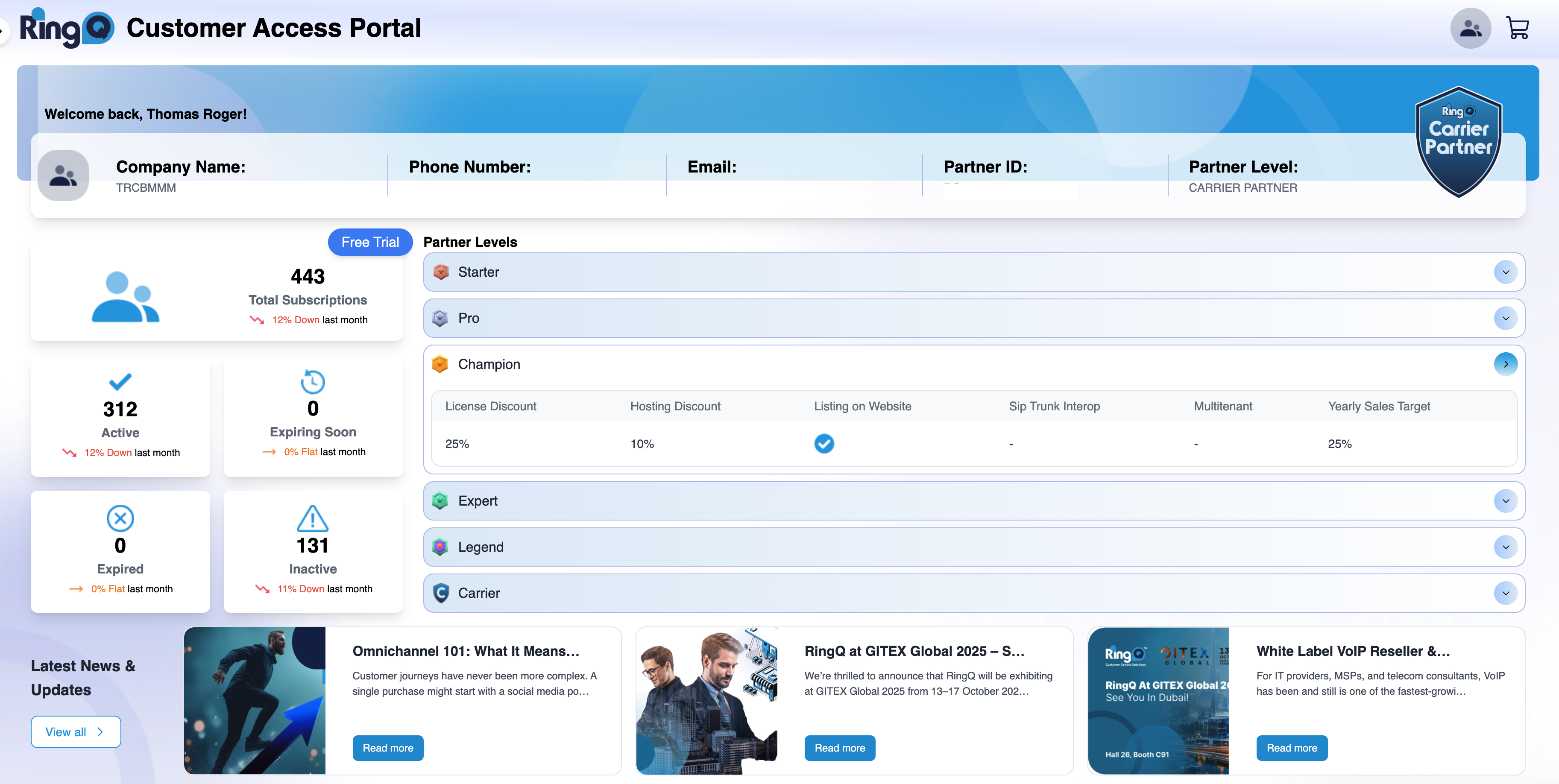 RingQ Customer Portal Dashboard