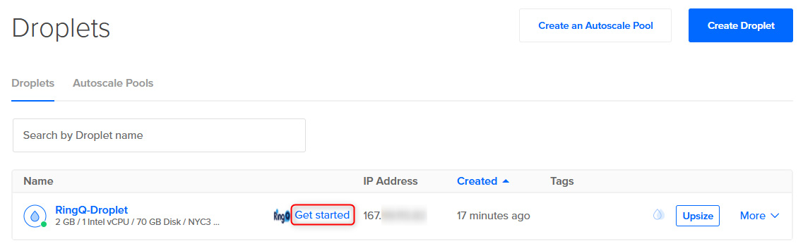 ringq droplet Click the Get Started link