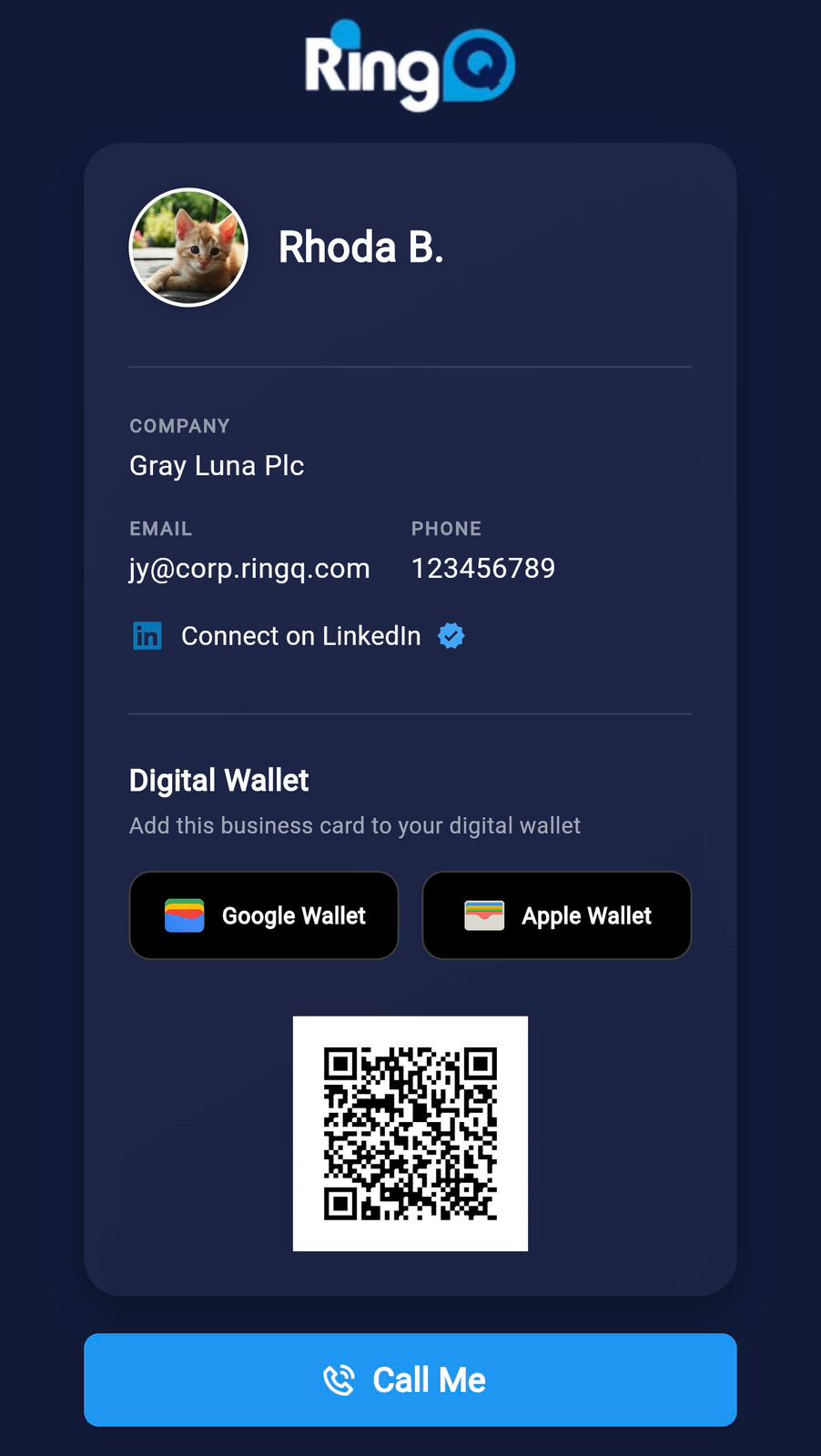 Scan the QR code and call a contact with RingQ Digital Contact Wallet