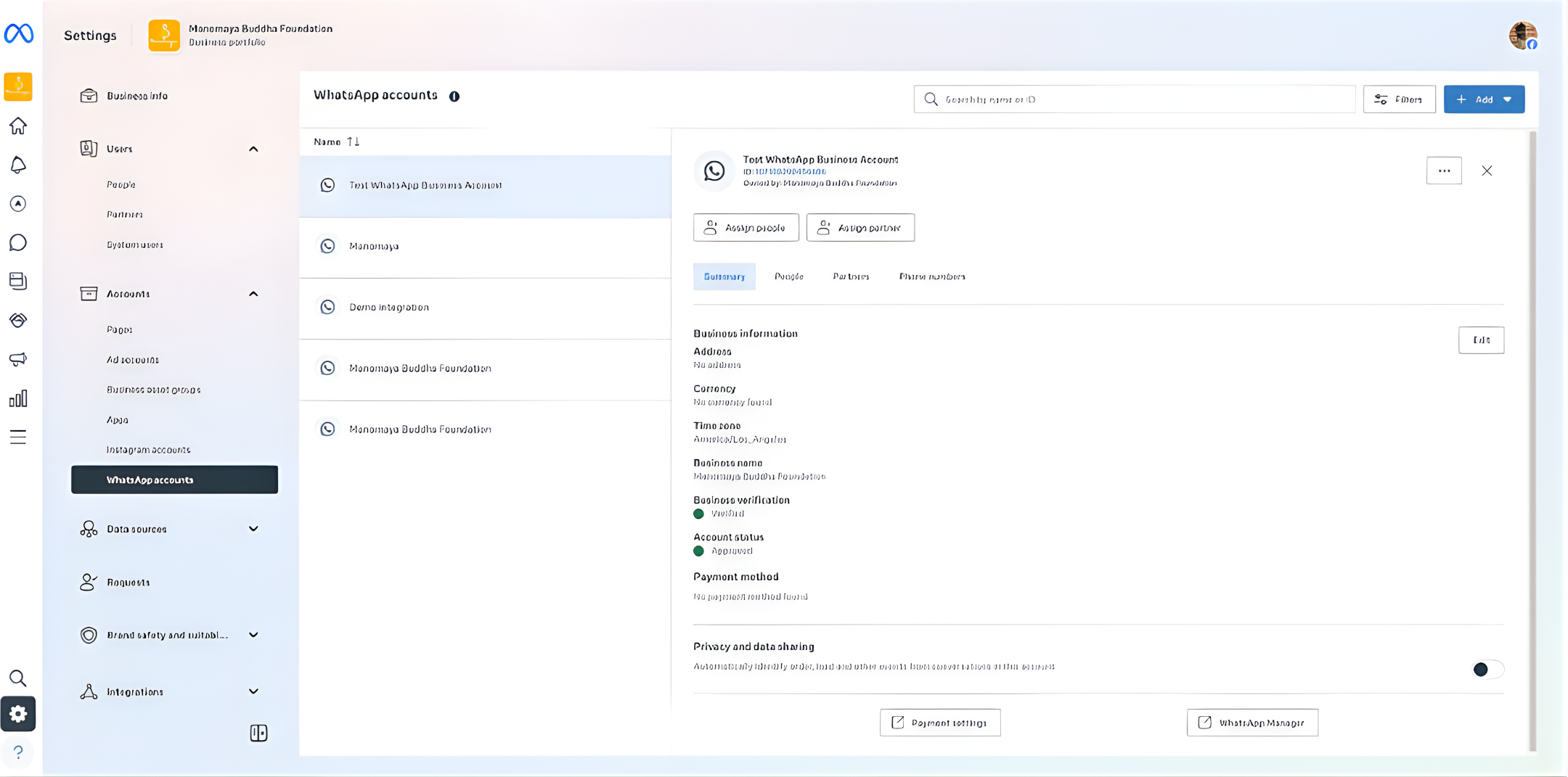 WhatsApp Business Account details