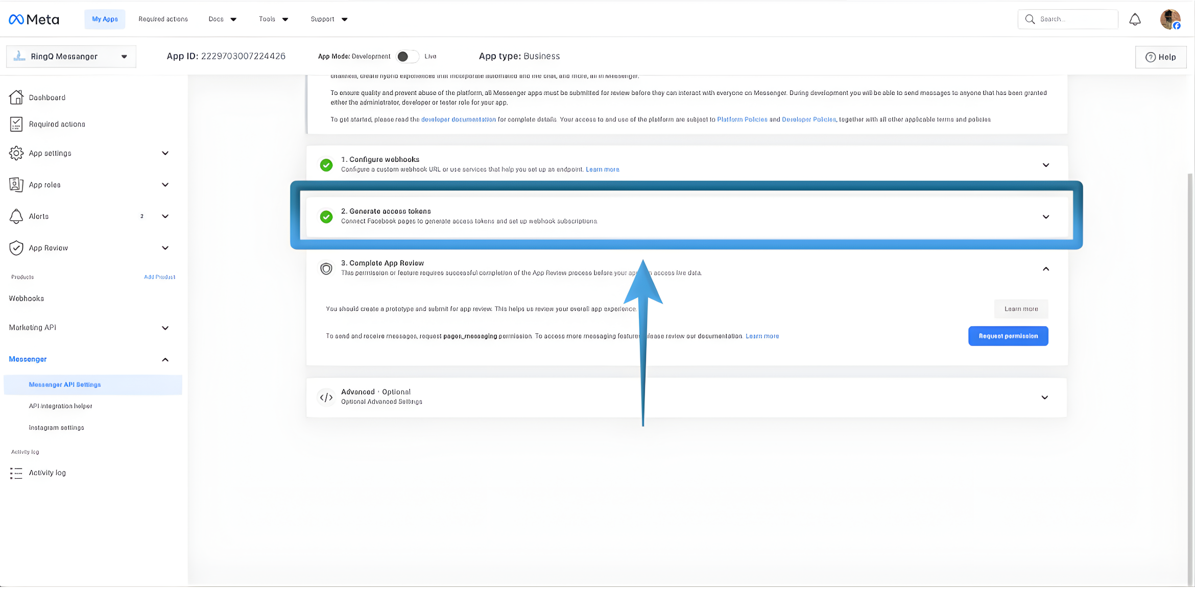 Generate the access token for Facebook and RingQ integration