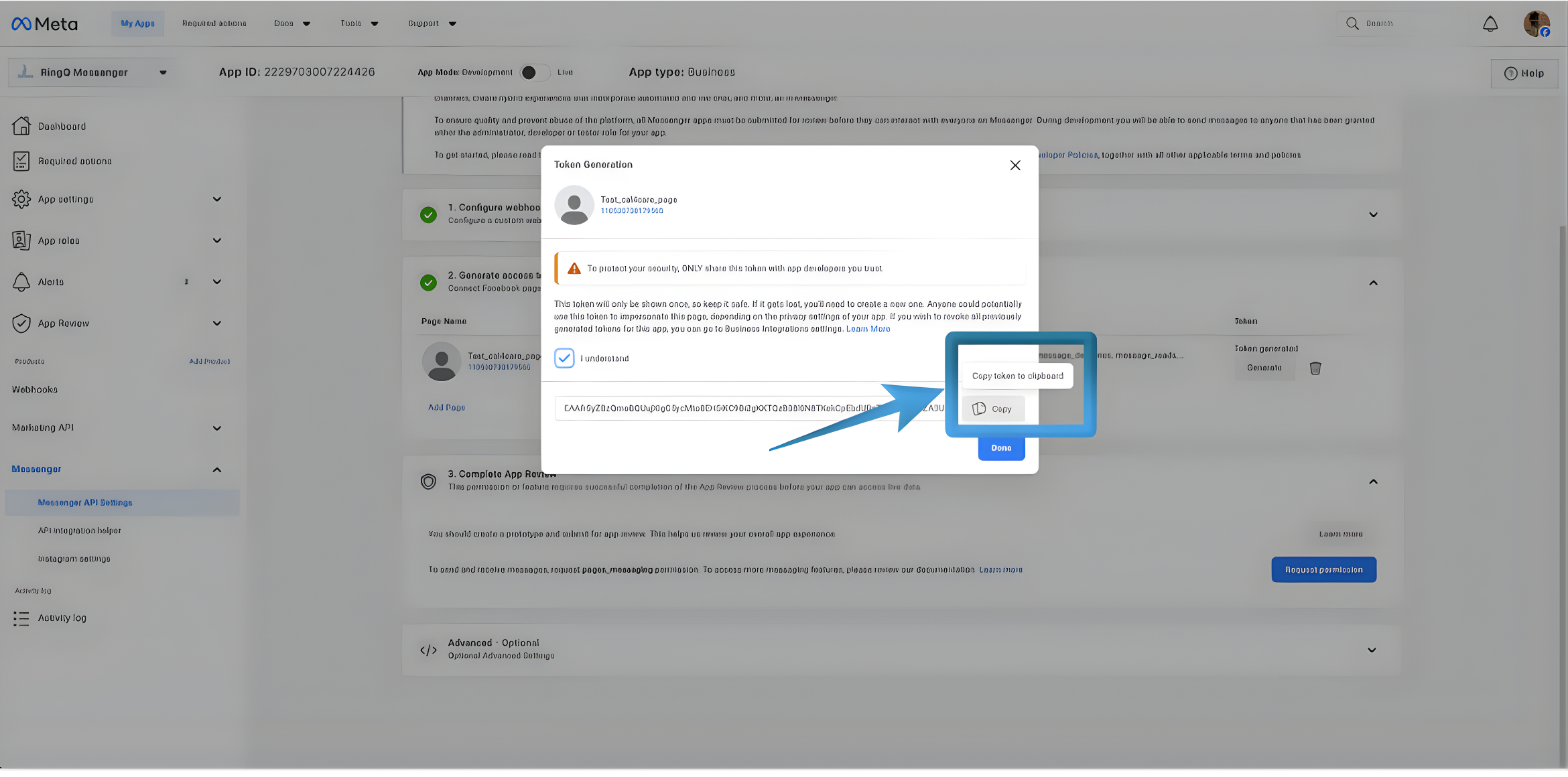 Copy the facebook access token