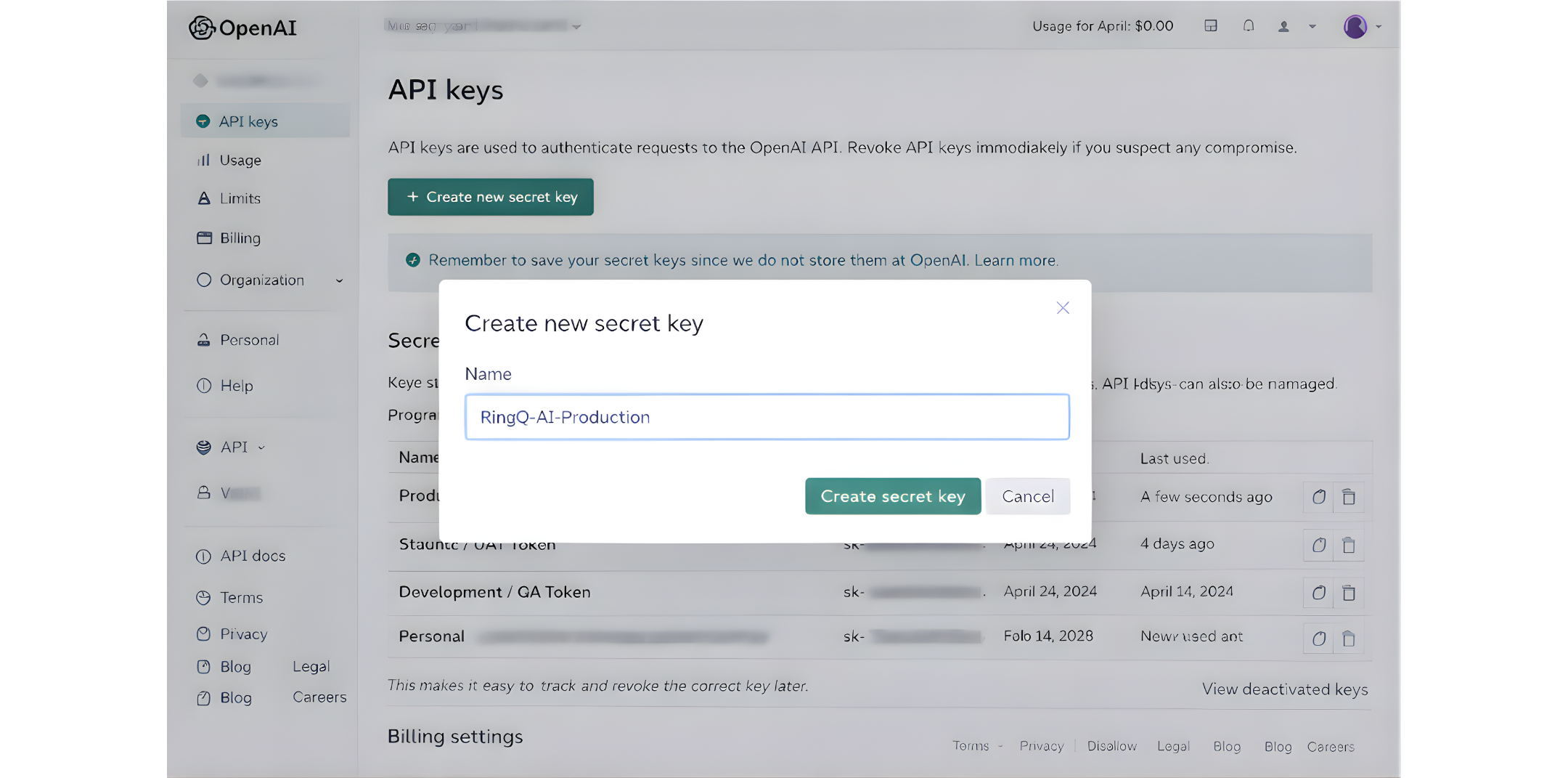 OpenAI API key for RingQ