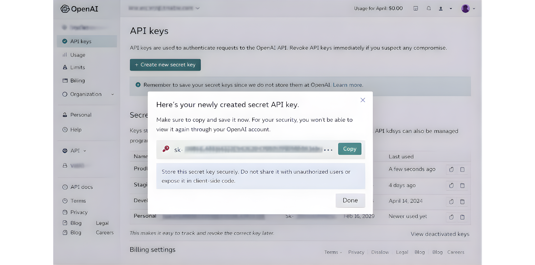 Copoy the OpenAI token to paste into RingQ