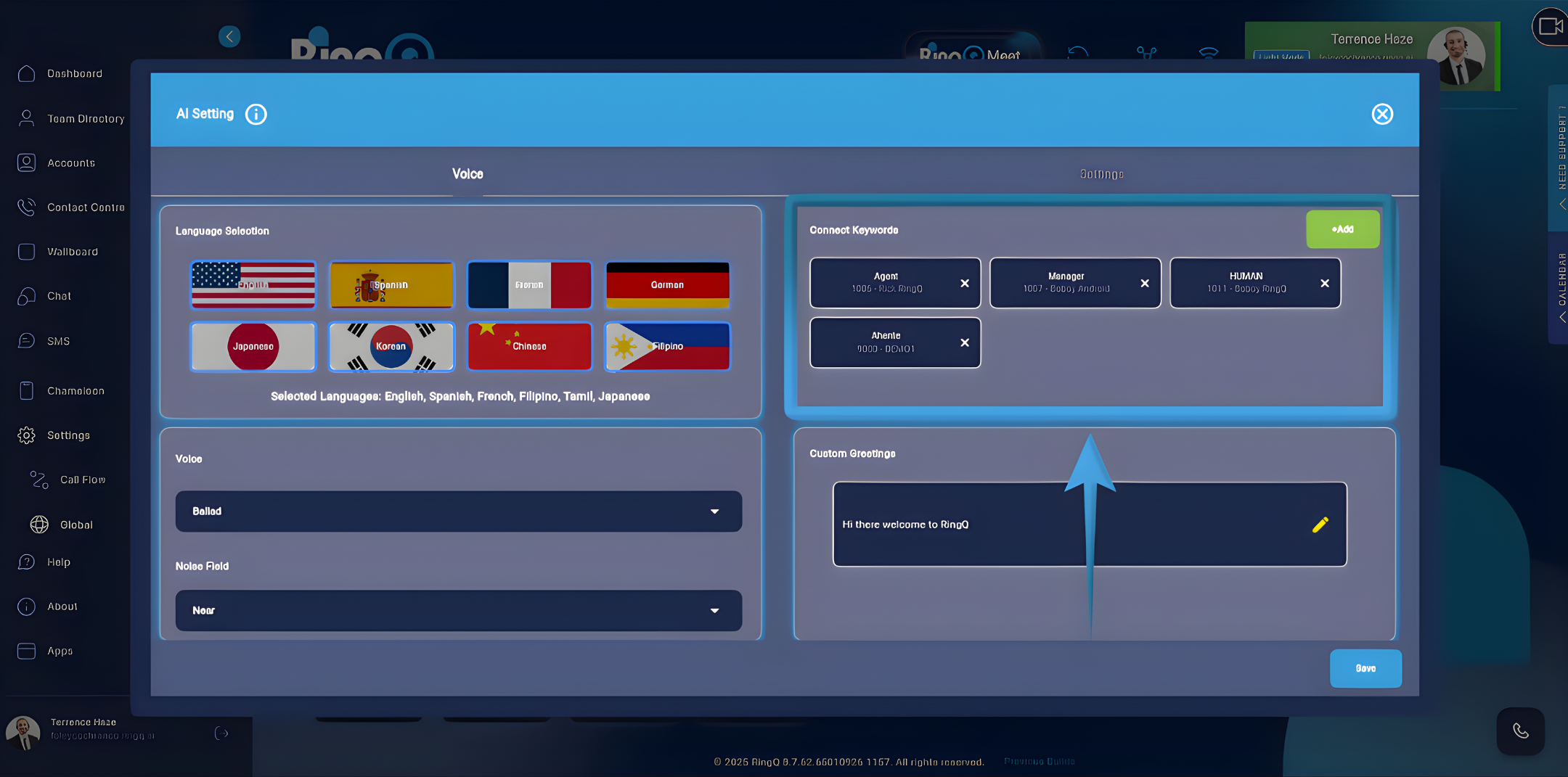 Add your language and keywords for your ChatGPT AI Agent in RingQ