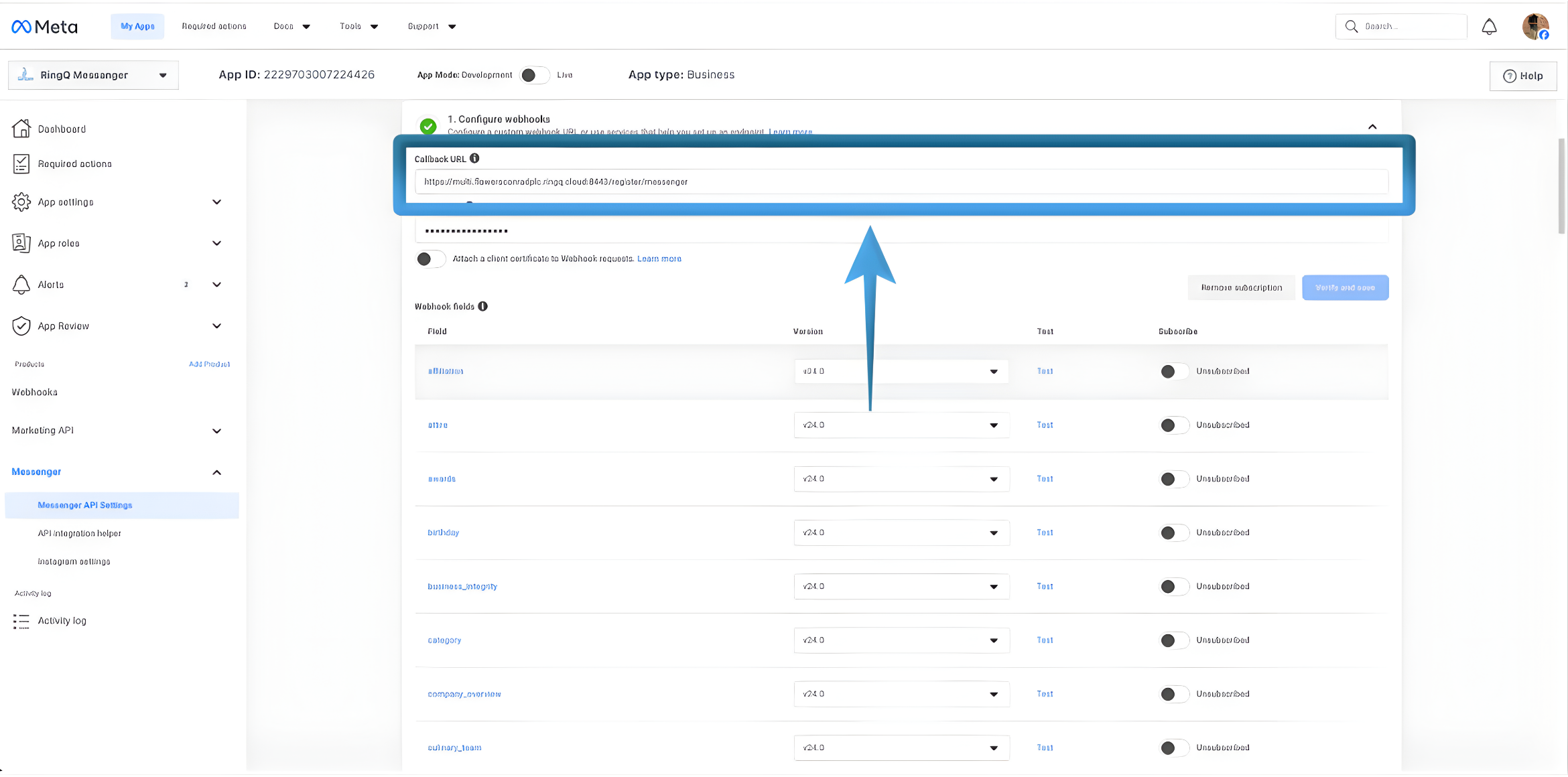 Facebook webhooks for RingQ integration