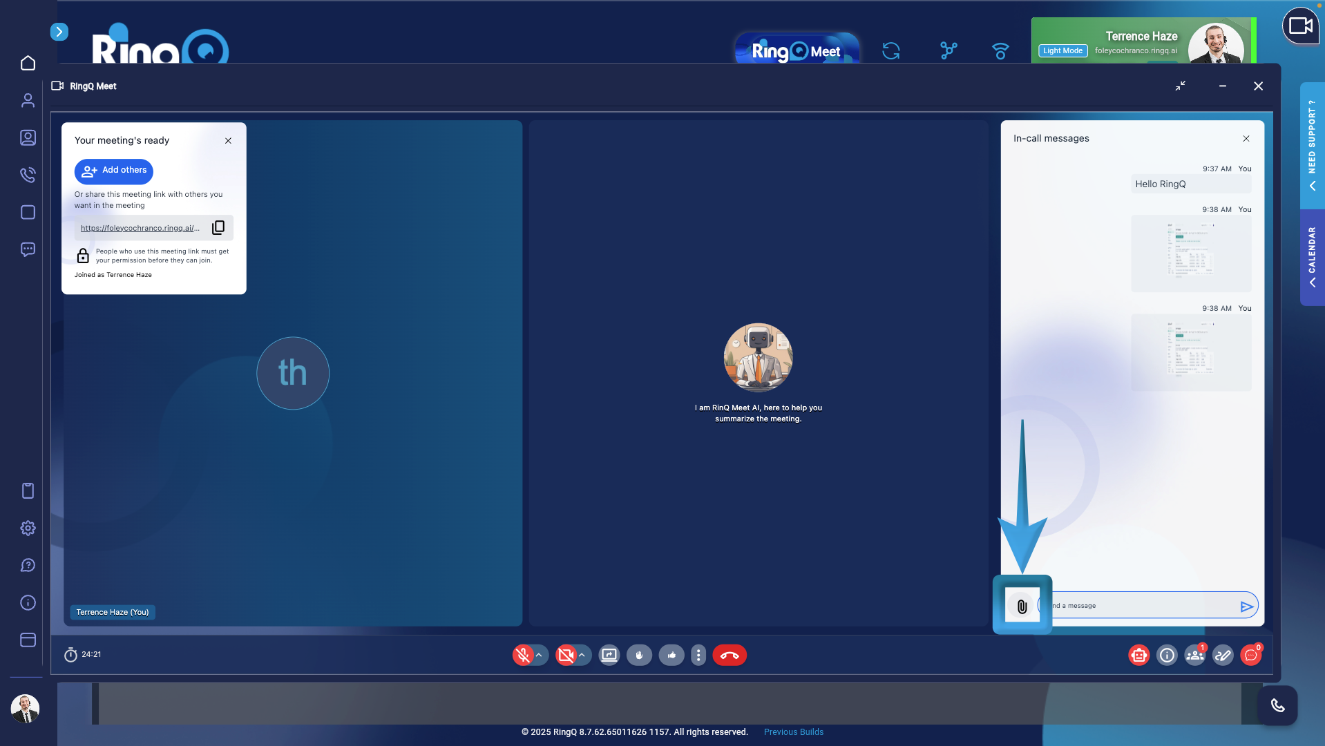 Click on the attachment icon to send an attachment in RingQ Meet