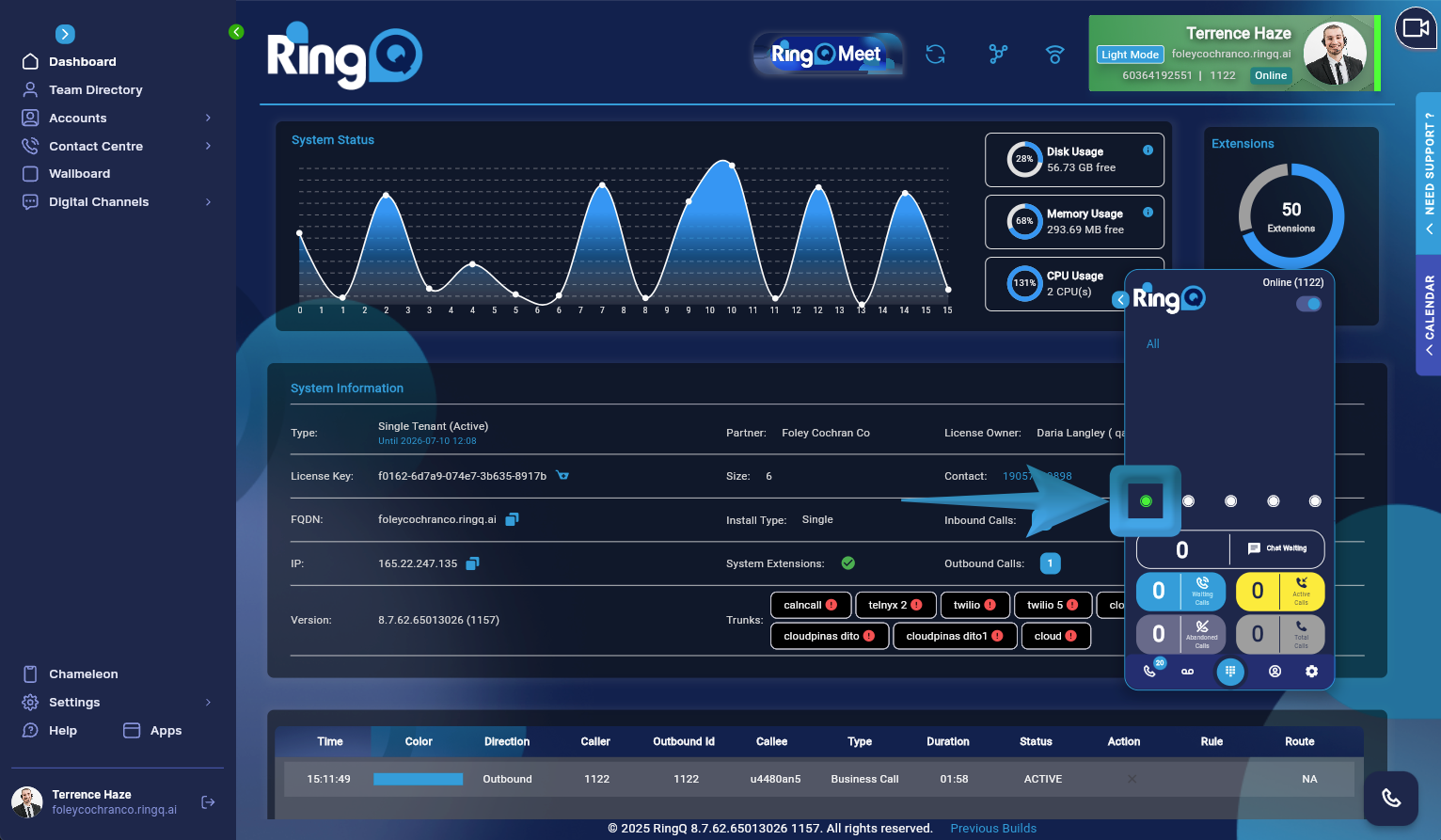 Green light indicates there is a call in the parking slot.