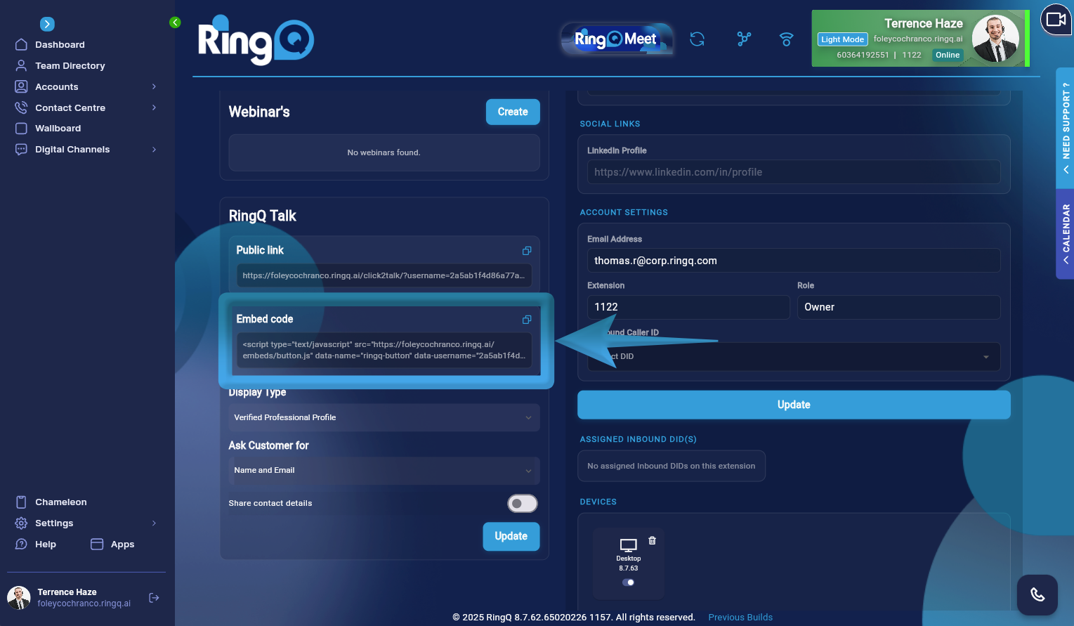 Use the embed code to add your RingQ talk link to your website or web app.