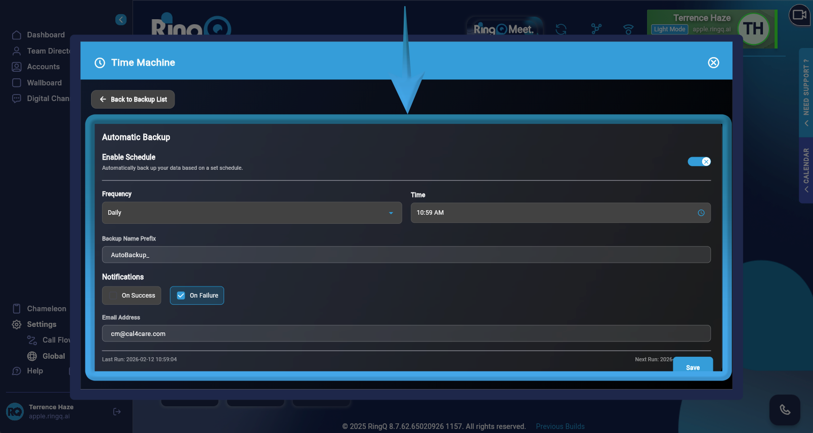 Scheduling a backup with the Time Machine