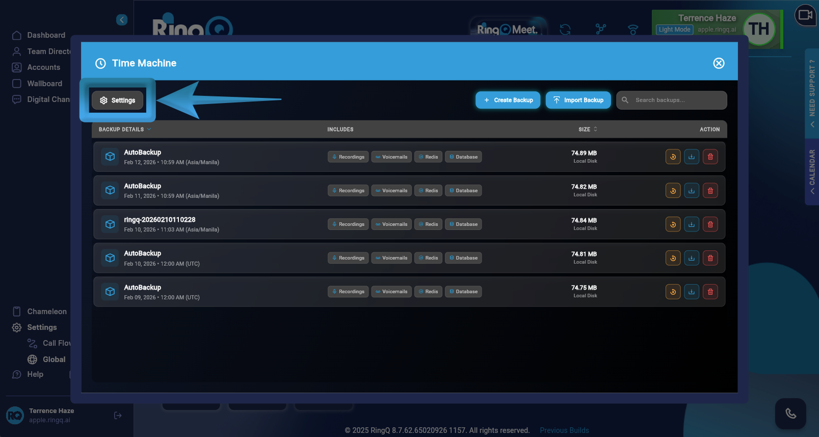 Time Machine settings