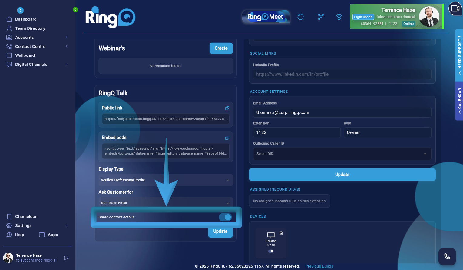 Share contact details with RingQ Talk.