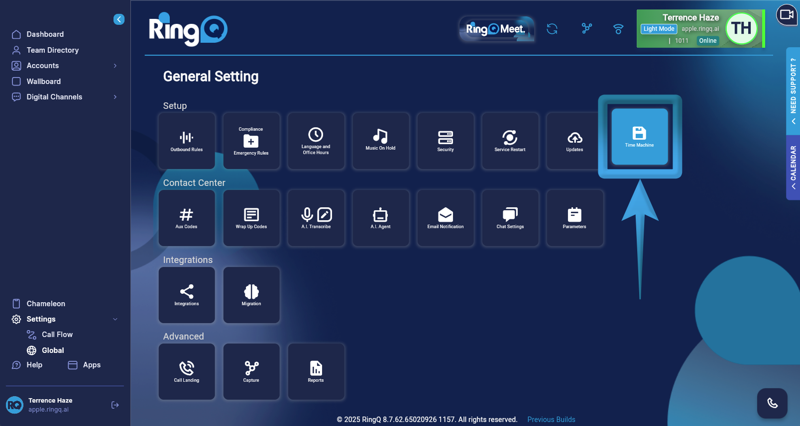 Find the time machine backup option in RingQ.