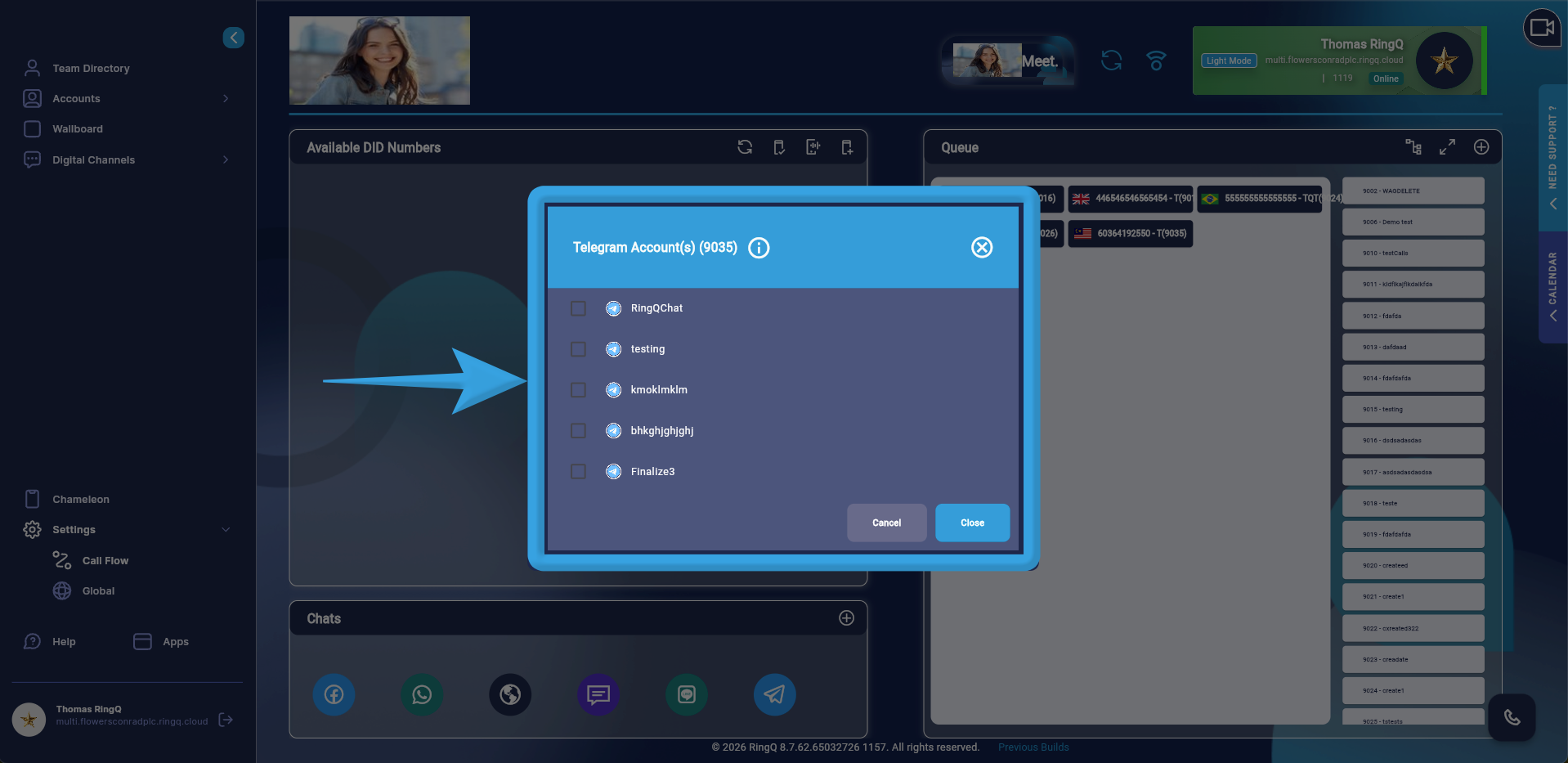 A pop-up window will display all Telegram accounts