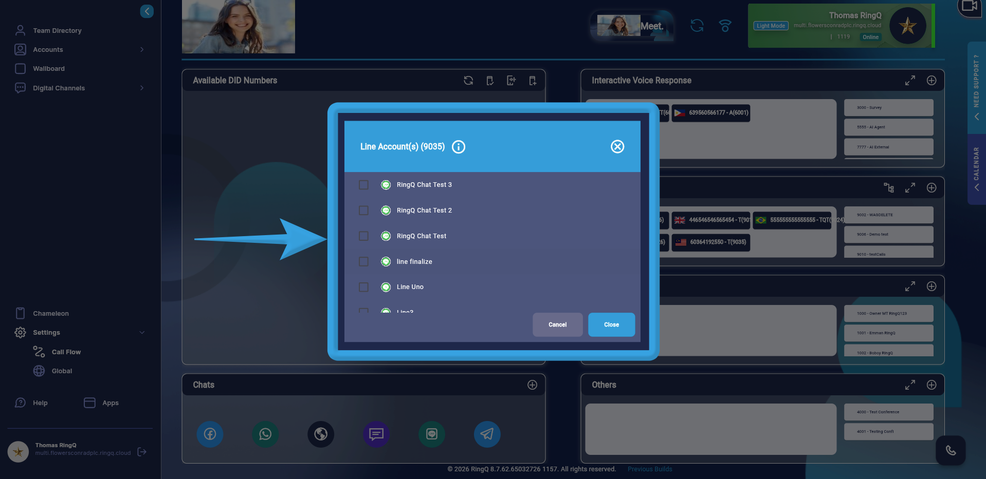 A pop-up window will display all LINE accounts configured in Chat Settings