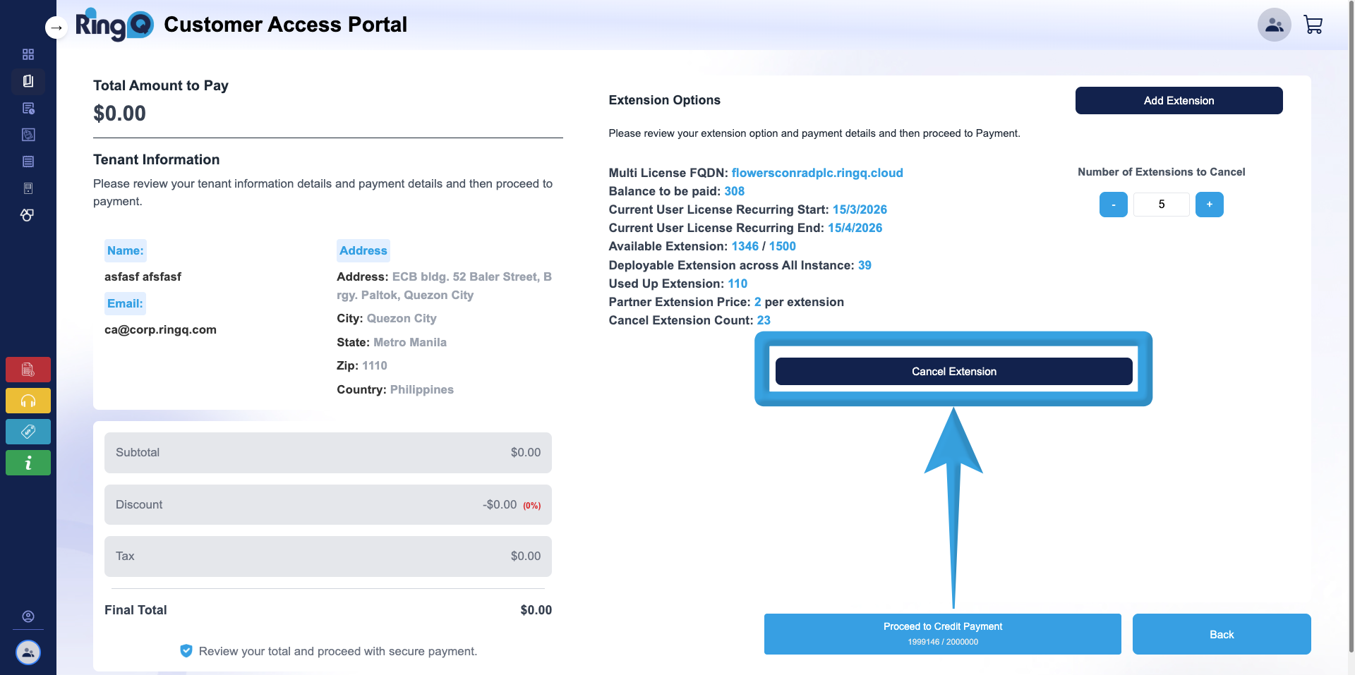 Click the cancel extension