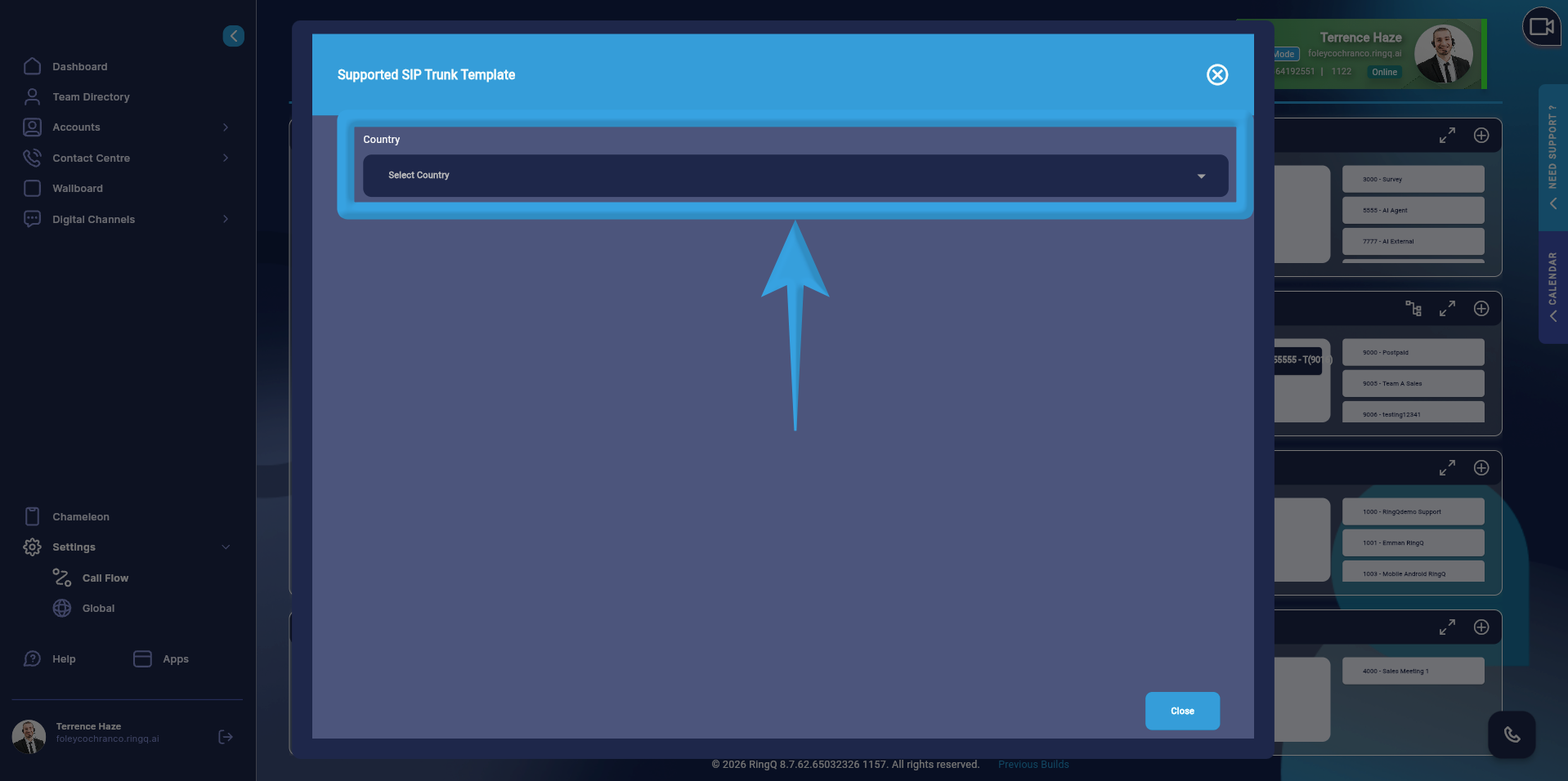 SIP Trunk Country dropdown field